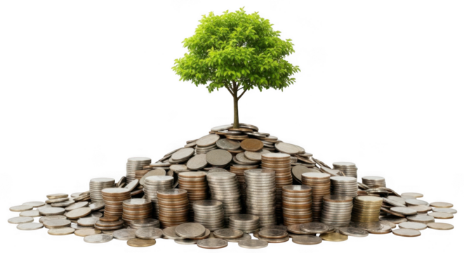 A green tree growing from a large pile of coins, symbolizing financial growth and investment success, isolated on transparent background