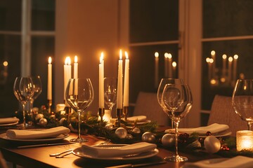 Elegant candlelight dinner setting with wine glasses and festive decorations for a warm inviting holiday celebration with family and friends this season