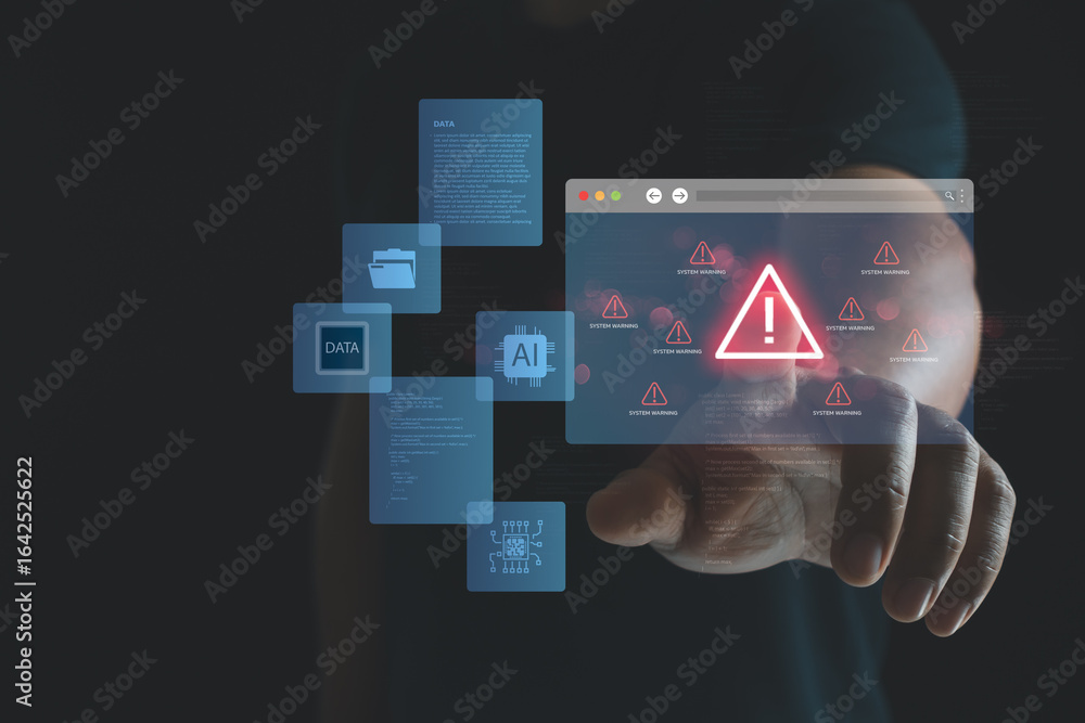 Aufkleber cybersecurity concept showing a hand touching a virtual warning sign with data, ai, and system alert