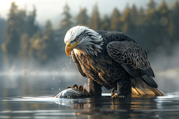 Fototapeta premium Powerful Bald Eagle Mid-Hunt in Peaceful Woodland Lake