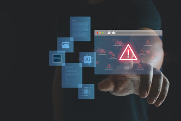 Cybersecurity concept showing a hand touching a virtual warning sign with data, AI, and system...