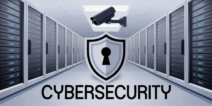 Modern Data Center Cybersecurity Concept with Server Racks, Surveillance Camera, and Secure Shield Icon Illustration