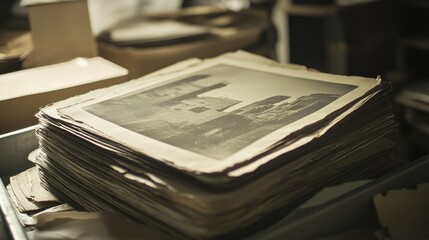 A stack of old, silver-halide photographic plates, showing ghostly images of a forbidden, sunken city, on an evidence tray.