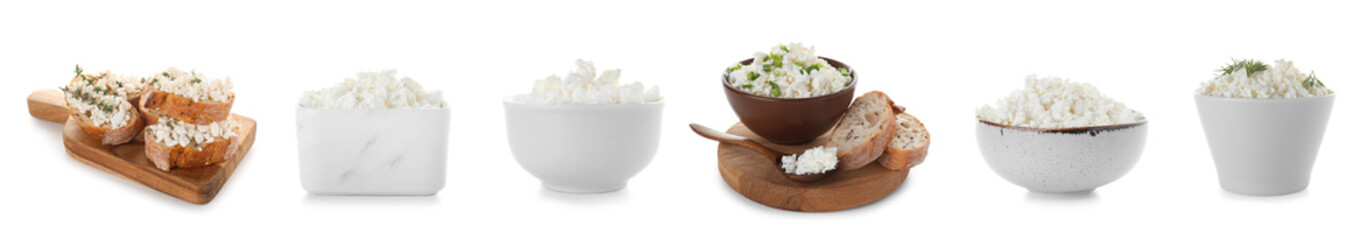 Set of homemade cottage cheese on white background