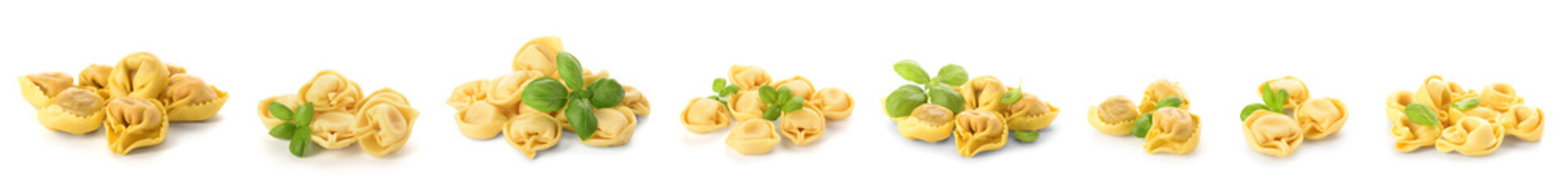 Set of tasty dumplings on white background