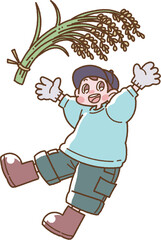 収穫した稲を掲げた笑顔の男の子のイラスト