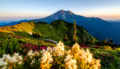 Breathtaking Mountain Landscape with Vibrant Wildflowers at Sunrise in Scenic Wilderness