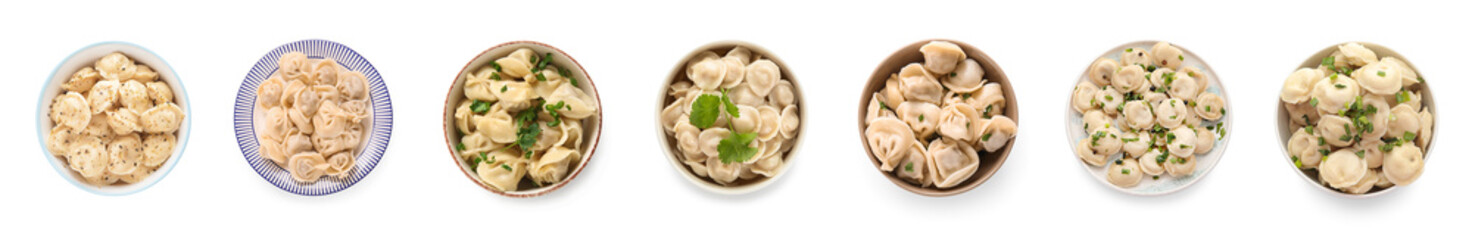 Set of bowls with tasty dumplings on white background, top view