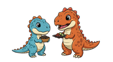 Obraz premium adorable dinosaur friends sharing a meal perfect for kids books and educational content