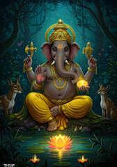 Obraz premium Divine Ganesha Illustration Indian God, Hindu Deity, Elephant Head, Lotus, Forest, Deer, Spiritual Art, Symbolism, Religion