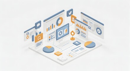 Digital Data Analytics Dashboard with Charts Graphs and Social Media Icons in Modern Style