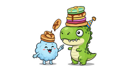 Obraz premium adorable dinosaur and fluffy friend celebrate with pancake party