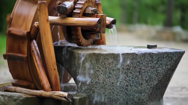 Water Feature with Wooden Water Wheel