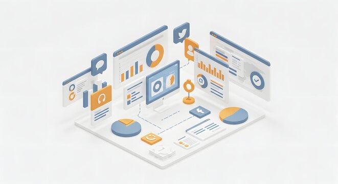 Digital Data Analytics Dashboard with Charts Graphs and Social Media Icons in Modern Style
