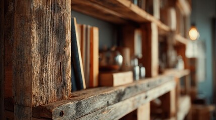 Close up of rustic wooden shelves displaying books and decorative items, showcasing the natural beauty and texture of the wood in an interior design setting