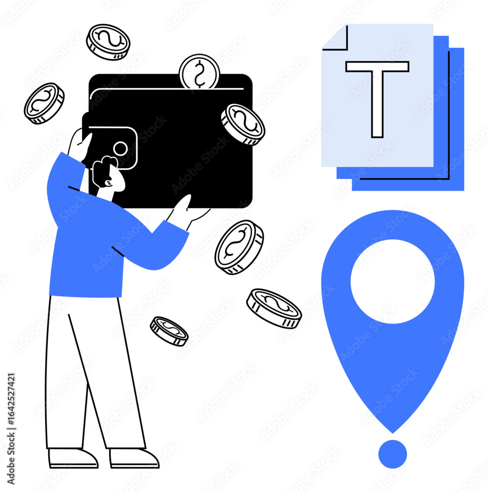 Poster person holding a digital wallet as coins fall, accompanied by text file icons and a location marker.
