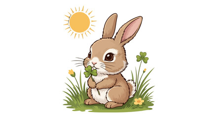 adorable bunny rabbit holding clover sunny meadow illustration