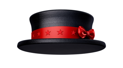 Black top hat adorned with a red ribbon and bow