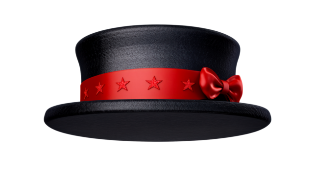 Black top hat adorned with a red ribbon and bow