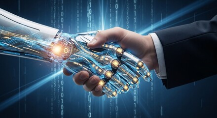 A human hand shaking a robot hand against a digital background with binary code and blue light beams