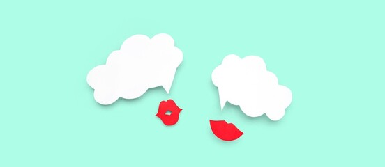 Paper lips with blank speech bubbles on turquoise background. Dialogue concept