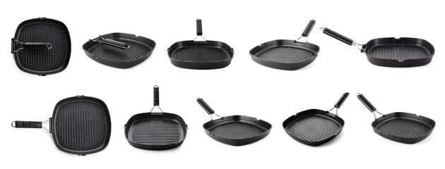 Set of many grill pans on white background
