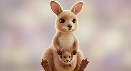 Obraz premium A tender concept of motherhood, featuring a cute kangaroo and her baby joey in a pouch. Adorable 3D animal illustration.