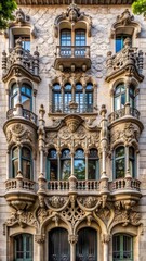Obraz premium Modernist architectural facade with ornate details and intricate stone carvings
