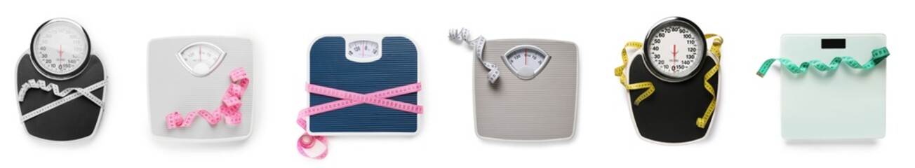 Set of scales and measuring tapes on white background. Weight loss concept