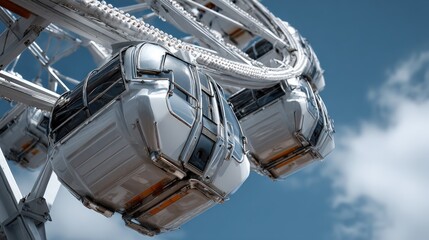 Ferris wheel gondolas against a clear blue sky.