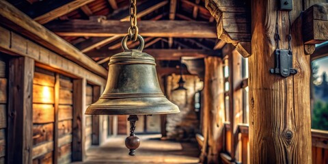 Ancient school bell hanging from a wooden beam