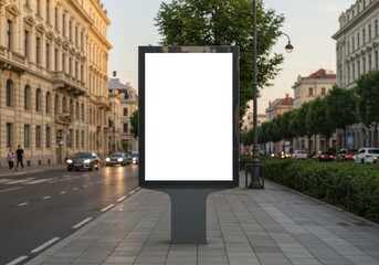 Large vertical advertisement billboard on a city street at sunset