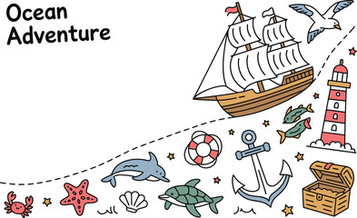 Ocean Adventure Doodle Elements with Ship lighthouse