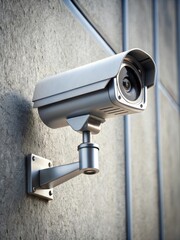High definition security camera on a metal bracket mounted on wall