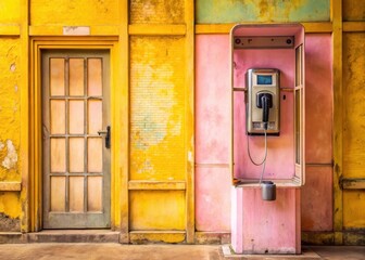 Retro payphone in soft pink hue nestled against a bright yellow wall