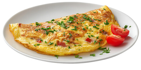 Omelette Garnished With Parsley and Cherry Tomatoes on White Plate, PNG