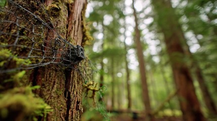 Medium shot capturing a closeup of a mesh network node affixed to a tree trunk with the surrounding forest softly out of focus.