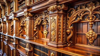Intricate carvings adorn ornate wooden shelves with gold accents