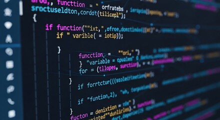 Close up view of computer code on a screen with syntax highlighting and dark background color