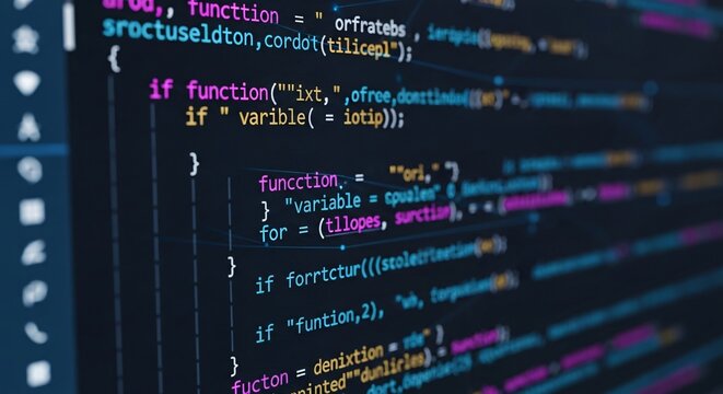 Close up view of computer code on a screen with syntax highlighting and dark background color