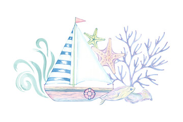 Wooden ship, sailing yacht figurine, driftwood decor, seashell, mollusk, conch, branch, seaweed, coral, underwater grass, beach decoration, ocean souvenir, pastel colors. Single isolated composition