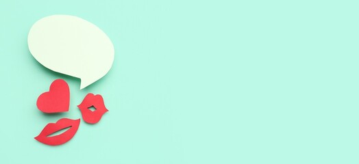 Paper lips, heart and blank speech bubble on turquoise background with space for text. Dialogue...