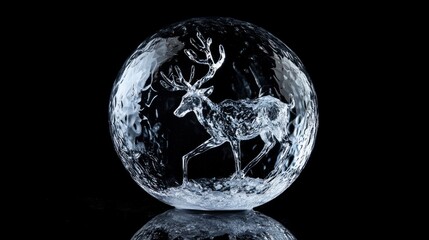 A single, perfectly spherical ice sculpture of a reindeer, internally lit, on a black reflective surface, studio shot.