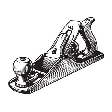 Detailed engraved illustration of a hand plane woodworking tool isolated on white background