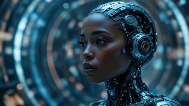 A humanoid African-American woman during the singularity symbolizes agent autonomy and future AGI technology using super intelligence. 4k video