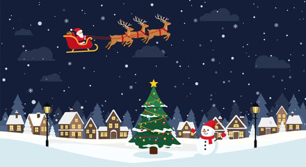 Naklejka premium Santa claus flying his sleigh through the winter night sky above a charming snow-covered village on christmas eve