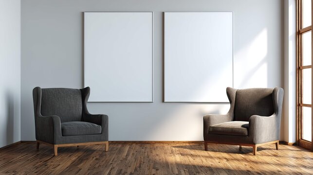 a modern living room setting with two pieces of furniture, an armchair and a sofa chair, placed on a wooden floor against a white wall backdrop