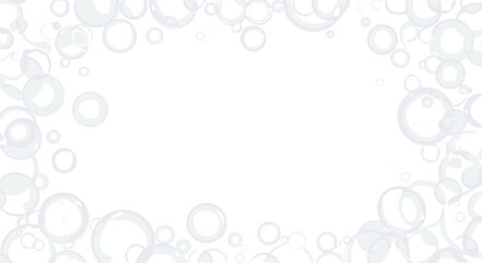 A whimsical border of translucent bubbles floating on a clean white background creating a delicate and airy frame