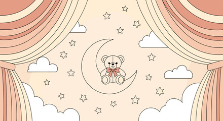Whimsical teddy bear dreamy night sky adventure with clouds and stars in a soft pastel palette