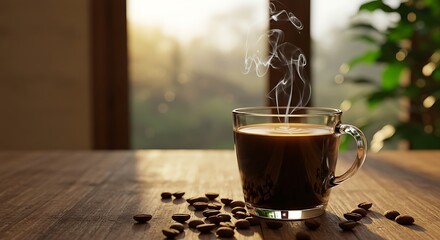 Aromatic black coffee in a clear glass cup, with steam rising and roasted beans on a rustic wooden surface against a soft-focus background.